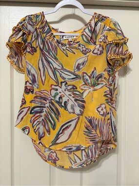 Nanette Lepore Yellow Tropical Print Flutter Sleeve Blouse